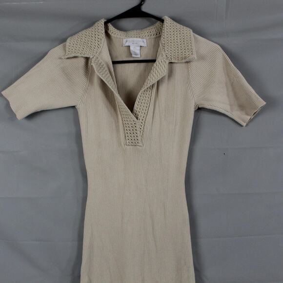 Caroline Constas Dress Small Ribbed Knit Crochet Collar Midi Bodycon Beige Chic - Picture 3 of 11